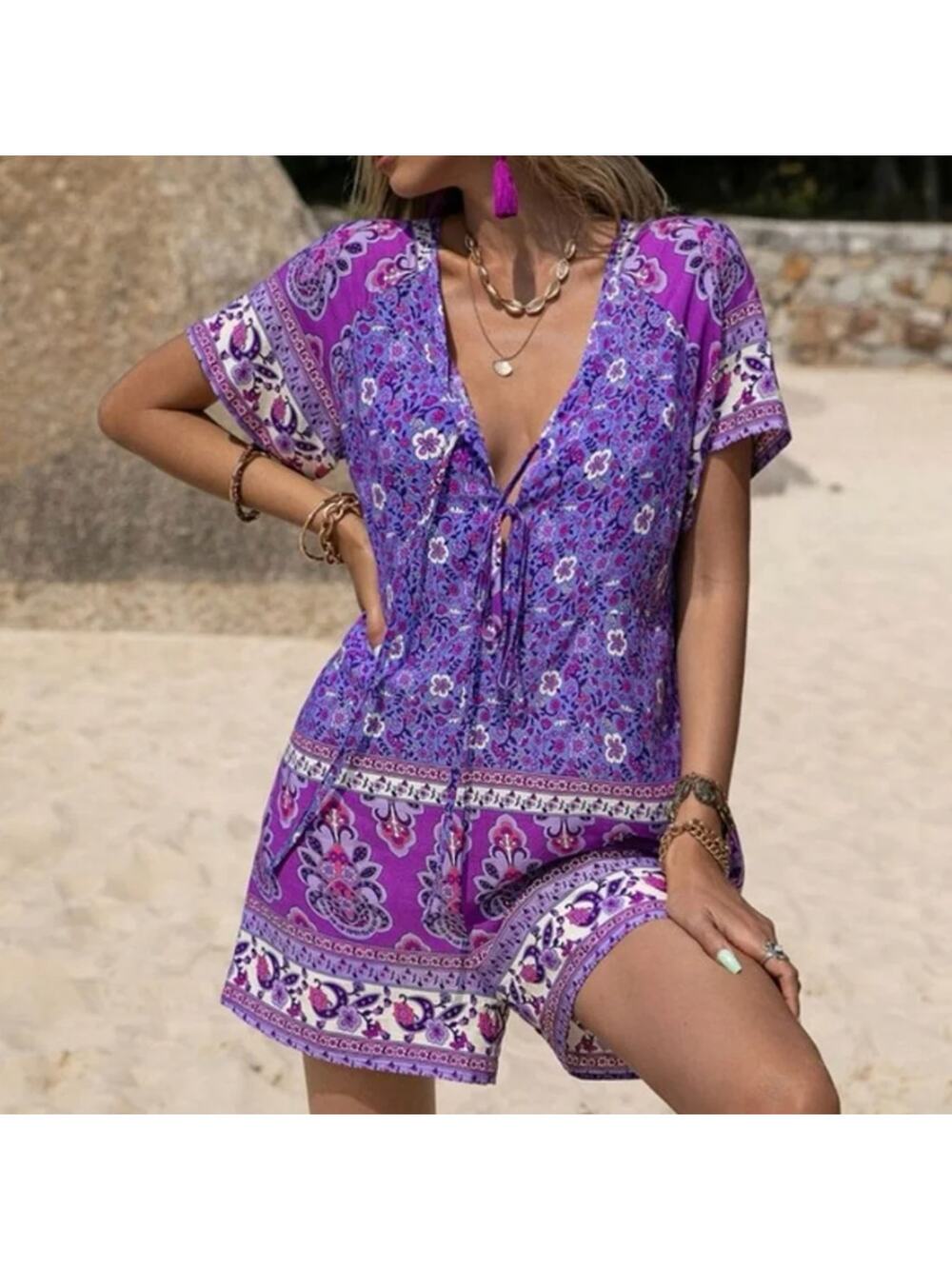 Purple Floral Short Jumpsuit Romper - Women's Summer